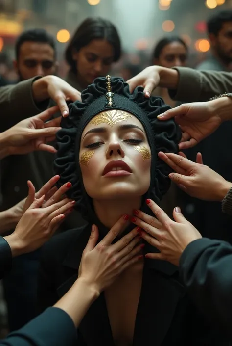 A self-seeking young woman who takes off her mask surrounded by people who try to change it by stretching her theatrical masks