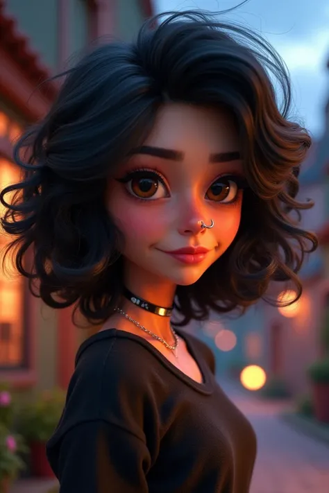  black,shoulder length hair, black and curly, piercing no nariz, Pixar