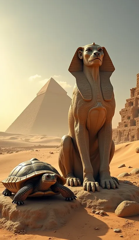 Create an ultra-realistic single-frame artwork that features a side-by-side comparison of a turtle and a Sphinx, both rendered in high quality. On the left, depict the turtle resting on a sun-soaked rock, its shell glistening with intricate details, embody...