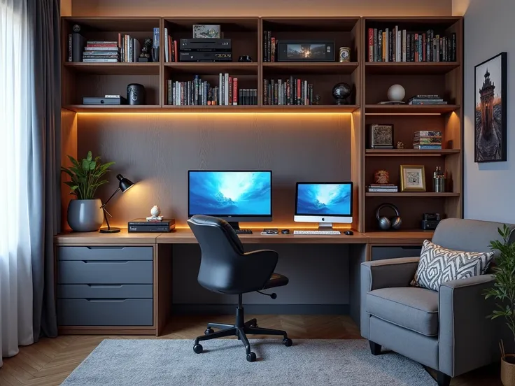   space
in your room where you can play and study . You want an area with your computer and
console ,  as well as shelves to organize your games and collections .  You will also
would you like a place to receive your friends in a comfortable way.