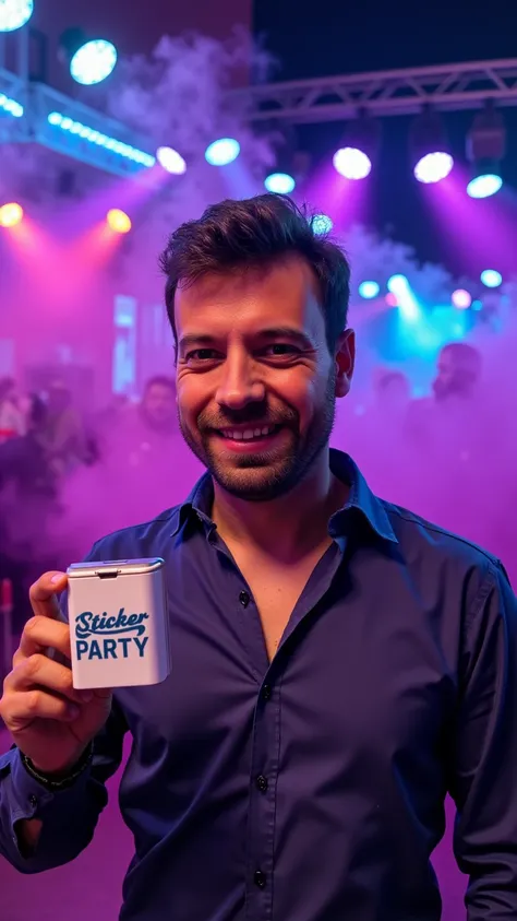 A striking scene captures a handsome man standing confidently in a lively music bar environment. Hes wearing a well-fitted shirt that complements his attractive features. His expression is engaging and charismatic, with a slight smile that suggests both pr...