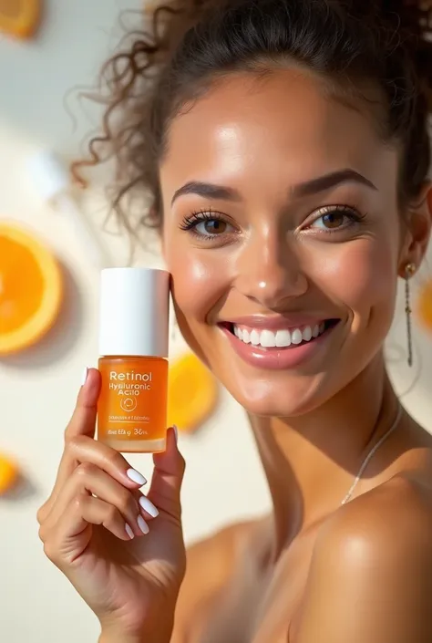 Close-up of a glowing woman with smooth, youthful skin, holding a skincare bottle with a label "Retinol", "Hyaluronic Acid", and "Vitamin C", soft natural light, bright background with skincare elements like a dropper and orange slice, professional photogr...