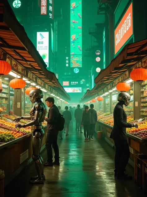 A futuristic night market, with green and orange neon, creating a contrast between the traditional and the modern. Robot sellers serve customers, while holograms project ads on storefronts. LED signs illuminate fruits and exotic items on futuristic stalls....