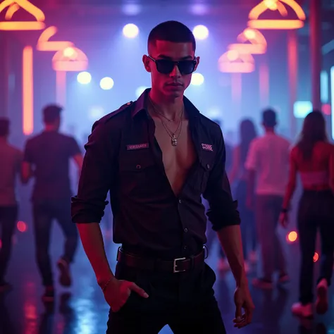  young man jjohnlegen22 years old ,  cropped cut black hair , defined jaw, muscular, seductive blue eyes,  full lips ,  full body, Dancing,  with dancers as a security guard on a dance stage of a night club designed with safety accessories and lights and p...