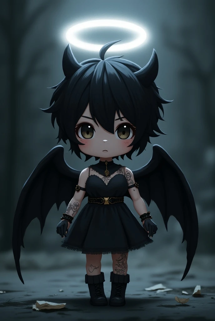 chibi dark angel, white halo, black wings, tall with tattoos, short black hair, small devil horns