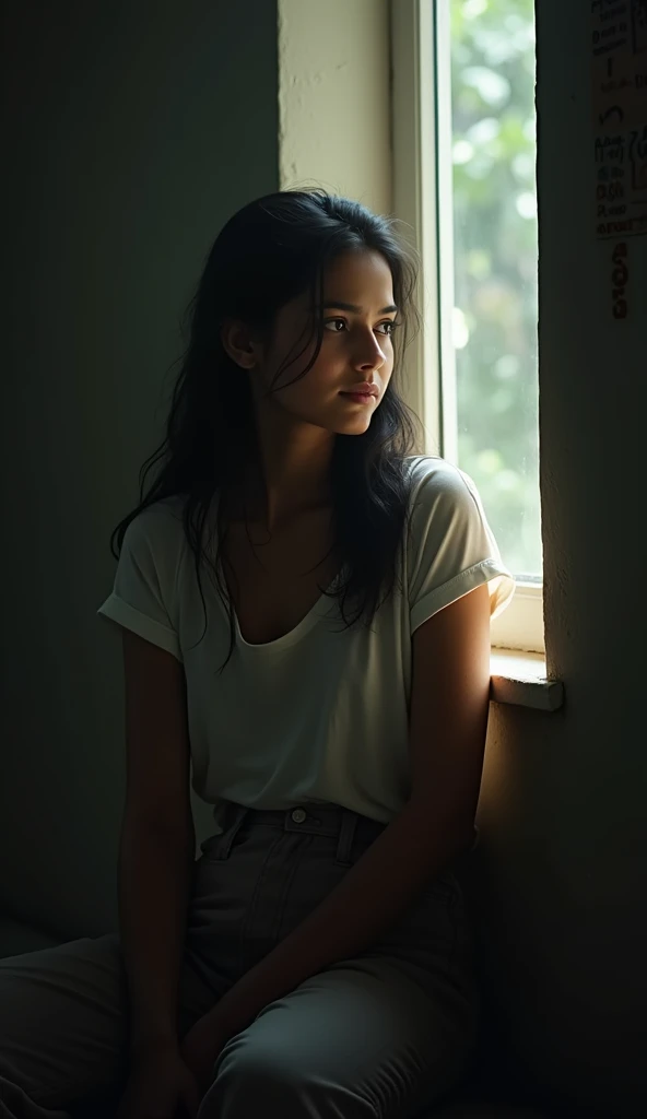 A mid dark color face indian beautiful young girl in t shirt and pant sitting in dark room at window  realistic image 