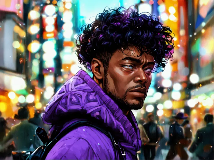 38 year old black american man wearing an purple hoodie and a purple cap rolling his eyes in annoyance as a bunch of japanese people in Tokyo is demanding he follow the rules.