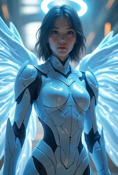 (Photorealistic: 1.2) Beautiful teen japanese girl with technological blue iron armor from the future. Large Glowing Angel wings, shield of the future, Lightning sword. With a halo on the head.