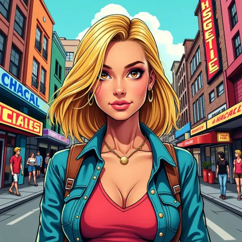 
Colorful comic book style drawing. blonde woman, brown eyes, clothes worn on the street