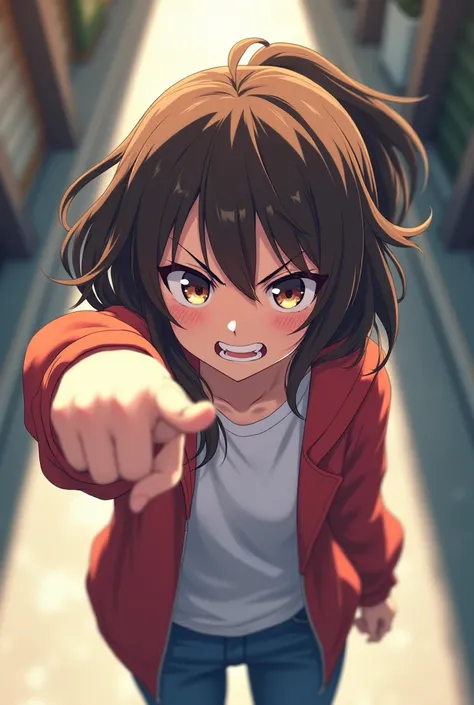  1 girl,  Looking at the viewer from the left ,  points fingers at observer  , view from above , annoyed facial expression , Street wear an , top view ,  finger points into the viewers view,
anime, anime-Stil,  She goes straight out and looks left at the c...