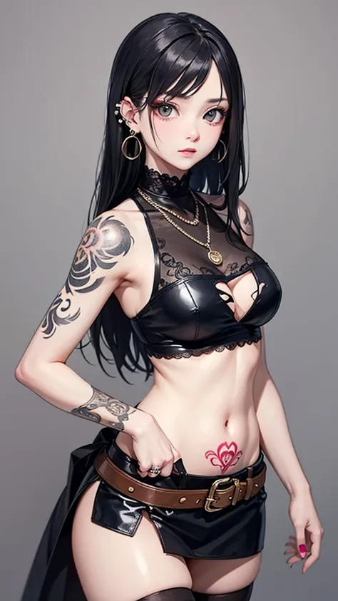 Create a formal description of a character featuring a solo female figure with long black hair, adorned with various jewelry including a striking necklace and multiple piercings. She wears a black shirt that reveals her midriff, paired with a torn skirt an...