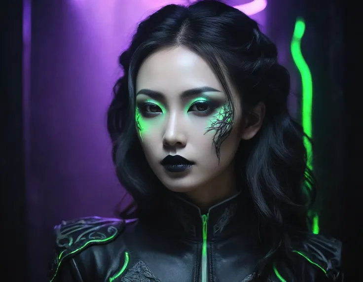 A dark and haunting image of an oriental woman depicted from the waist up. The left side of her face is delicately illuminated by soft GREEN neon lighting, revealing her flawless skin and dramatic makeup—black lipstick, bold eyeliner, and thick eyeliner th...