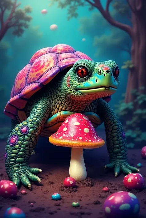 a psychedelic turtle eating a hallucinogenic mushroom
