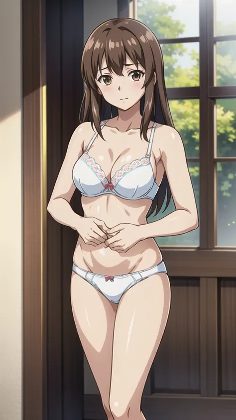 Naito Tomoharu 、Age 19、Brown Hair、 Long Straight Hair、悲しいface、Brown Eyes 、 Full Body Style 、 normal breasts、、 narrow waist 、Bare legs、In underwear、、 upper body bra、 white bra、lower body panties ，White ribbon panties，White pumps、 Official Art, Extremely Det...