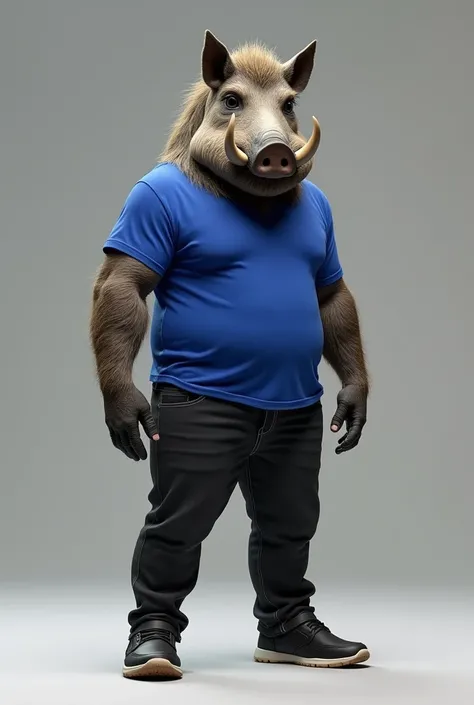 Can you create a picture of a warthog standing as a man. Wearing a shirt of royal blue color and black jean trouser with a modern shoe… 

The background should be solid.. it should not look like a cartoon…

With a well body