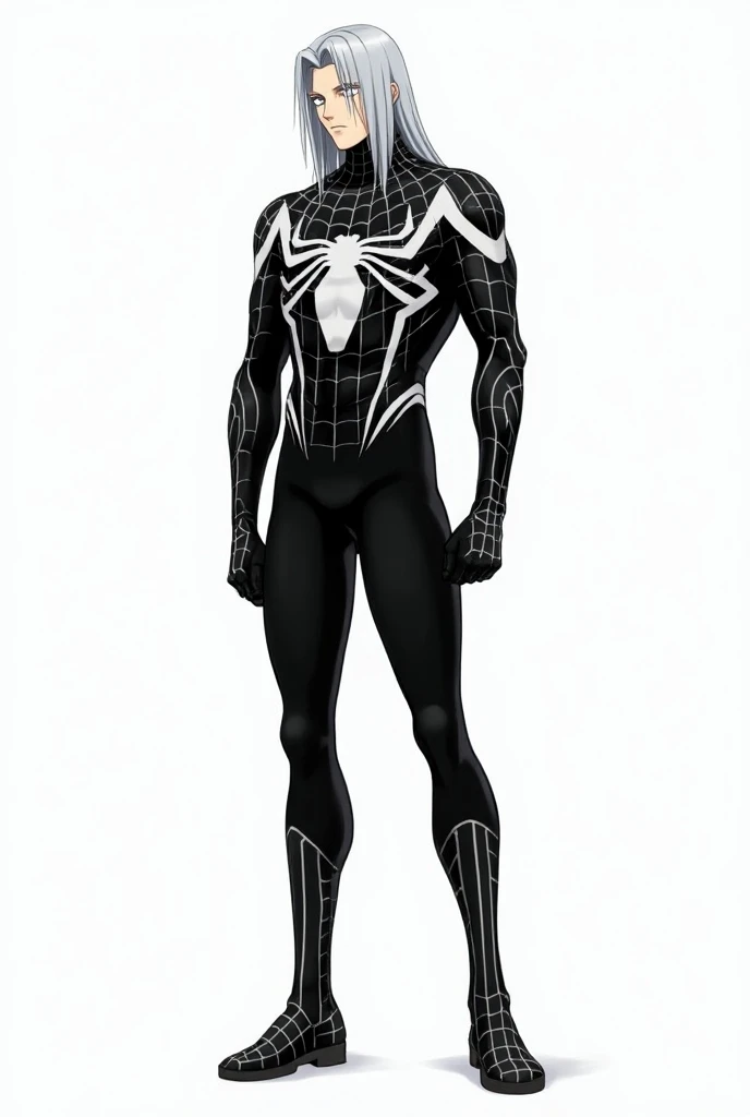 Gojo Satoru en tenue de Spider-Man, sans masque, palette de couleurs noir et blanc, pas se masque