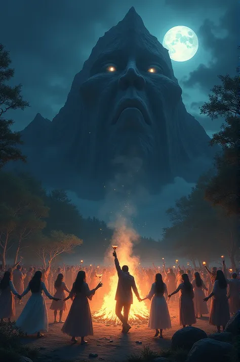 On a dark night of the full moon ,  a mountain shaped like a face and at the foot of that mountain some people dancing in a big bonfire with mystical beings and one of them raising a cocktail