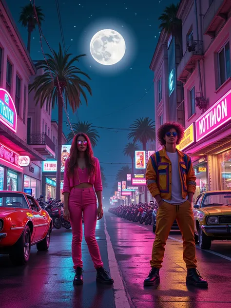 a retro wave style 80s avenue, pink purple blue neon lights, old cars vintage motorcycles, young people colorful clothes mirrored glasses, dark starry sky large full moon, classic movie posters record stores, (best quality,4k,8k,highres,masterpiece:1.2),ul...