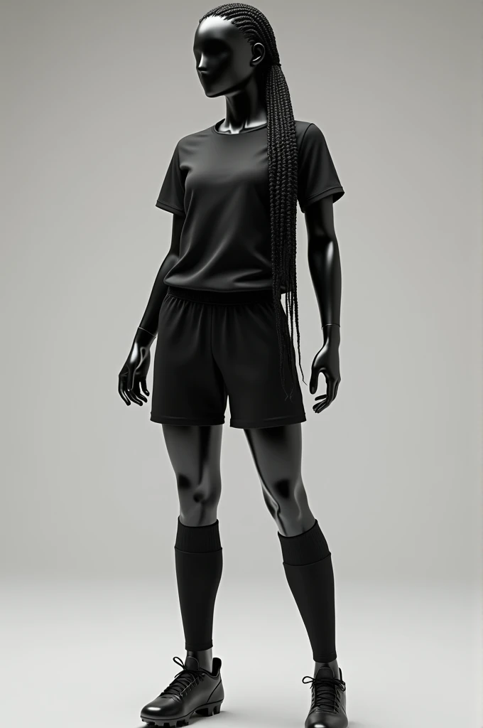  Creates a black female mannequin with braids in her hair,  dressed in an all-black soccer uniform , shirt, short, Socks and boots .