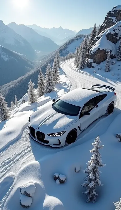 a hyper-realistic, dramatic, aerial drone view of a massive, snow-covered BMW-shaped house nestled into a mountainside. The structure perfectly mimics the iconic car, with sleek, aerodynamic lines and realistic windows that give the appearance of headlight...