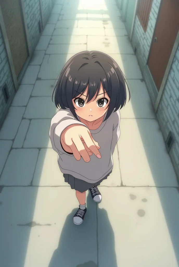  1 girl walks down a street to the left,  Looking at the viewer from the left ,  points fingers at observer  , view from above , annoyed facial expression , Street wear an , top view ,  finger points into the viewers view,
anime, anime-Stil ,  She goes str...