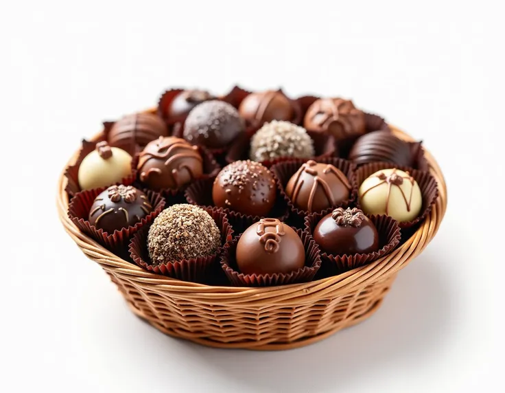 Generate a basket of / chocolates candies with white png background