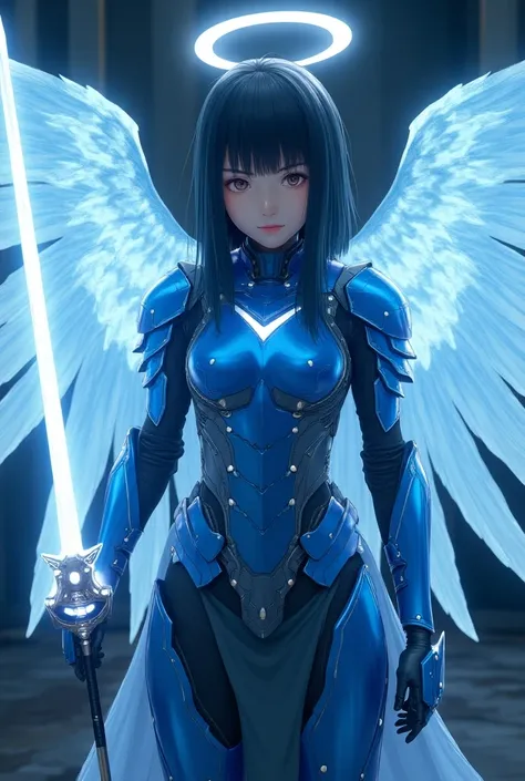 (Photorealistic: 1.2) Beautiful teen japanese girl with technological blue iron armor from the future. Large Glowing Angel wings, shield of the future, Lightning sword. With a halo on the head. 