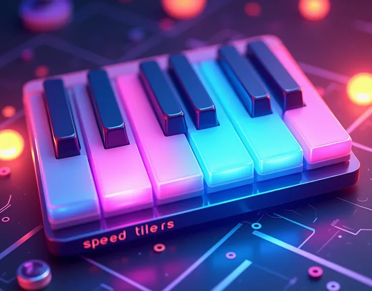 Create a vibrant and dynamic app icon for a rhythm-based music game. The icon should feature stylized 3D piano keys in shades of neon blue, purple, and pink, with a glowing, electric aesthetic. The background should have a gradient of bright, vivid colors ...