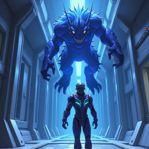  anime style . A blue monster being lifted by telekinesis ,  by a space soldier in a spaceship corridor.