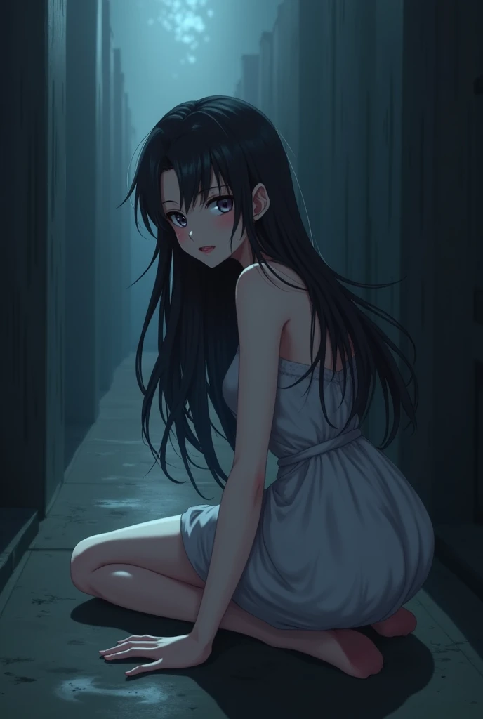 A beauty  girl, anime style, crawling in the floor that looking behind her
 