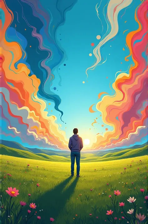 Show a figure in an open field, surrounded by fluid, colorful patterns and abstract shapes, symbolizing a liberal’s value of exploration and openness