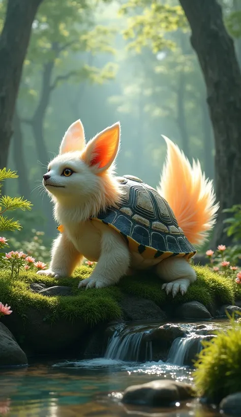 Create an ultra-realistic masterpiece of a hybrid animal that combines the ancient turtle and the mythical kitsune. This unique creature should feature the sturdy shell of a turtle adorned with the ethereal, flowing tails of a kitsune, showcasing a stunnin...