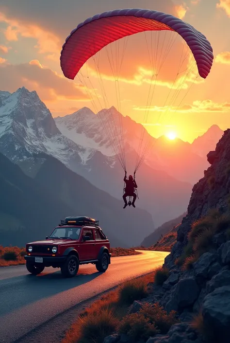 Create a sticker with a paraglider where in the background you can see an uncovered road to the mountains where a wine-red Chevrolet Samurai is going, Add a beautiful sunset 