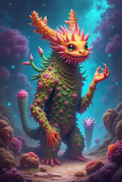 Create an imaginative picture of lots of color with colors and shades of the evolution of a cactus.  This cactus is said to come from a fake animal, And come from another universe  