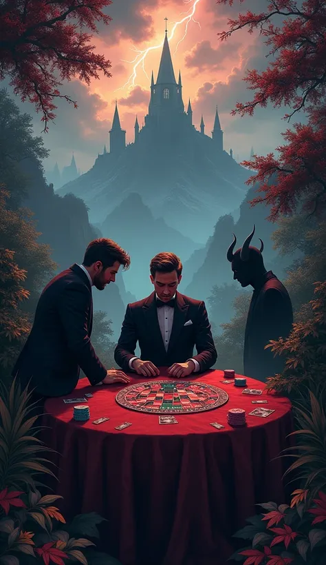 Photo Digital painting of a garden hidden deep in the shadows with a gothic style and a dark and moody atmosphere. There is a well-dressed man facing a poker table with roulette chips spread across the table of various styles of money, masks scattered on t...