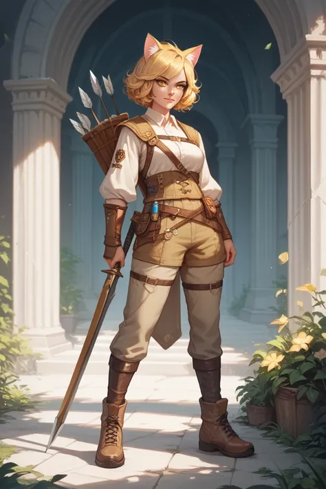 A warrior girl with yellow eyes, soft yellow hair ,  shoes with two cat ears .  Archer with a quiver of arrows behind her back