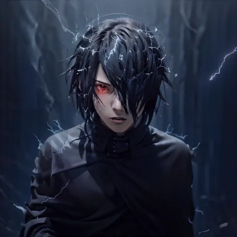 sasuke uciha, 1boy, grey shirt, black cloak, black hair, red eyes, lightning backround