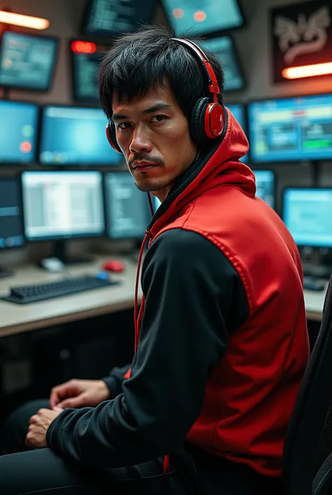  create a realistic character that looks like Bruce Lee but this character goes and is wearing a red and black headset and modern hoodie style clothes,  this character has to be in front of a hacker-style computer , And youre looking at the camera kind of ...