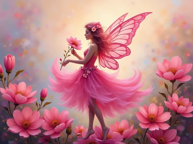 An impressionist acrylic painting in the style of Leonid Afremov of a graceful magical pink flower fairy with wings made of iridescent pink flowers. The fairy is wearing a pink dress with a flower pattern and has pink hair. She is holding a graceful pink f...