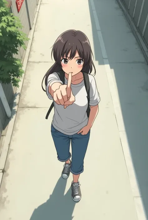  1 girl walks down a street to the left,  Looking at the viewer from the left ,  points fingers at observer  , view from above , annoyed facial expression , Street wear an , top view ,  finger points into the viewers view,
anime, anime-Stil ,  She goes str...