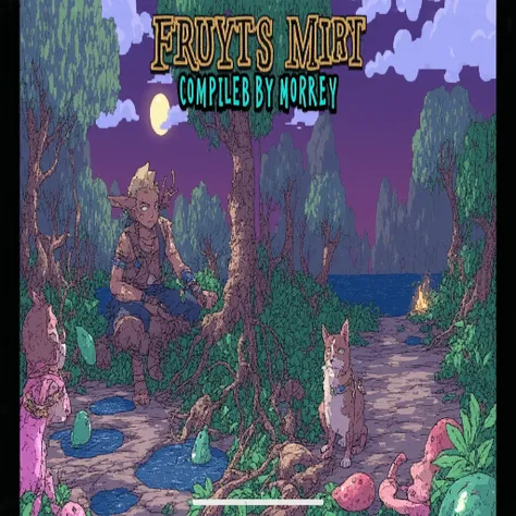 2D Illustration style, studio ghibli Art style, Rick and Morty art style, album artwork, purple colour palette with neon green and pink highlights, campfire in the jungle, tribal warrior sits by the camp fire, light from fire reflecting up against the warr...