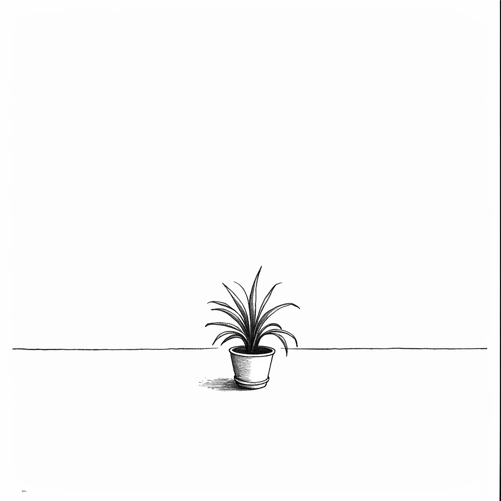  objective image ,  sketch-style drawing of a bright white room, empty,  Black and white image; A plant pot in the middle of the room.