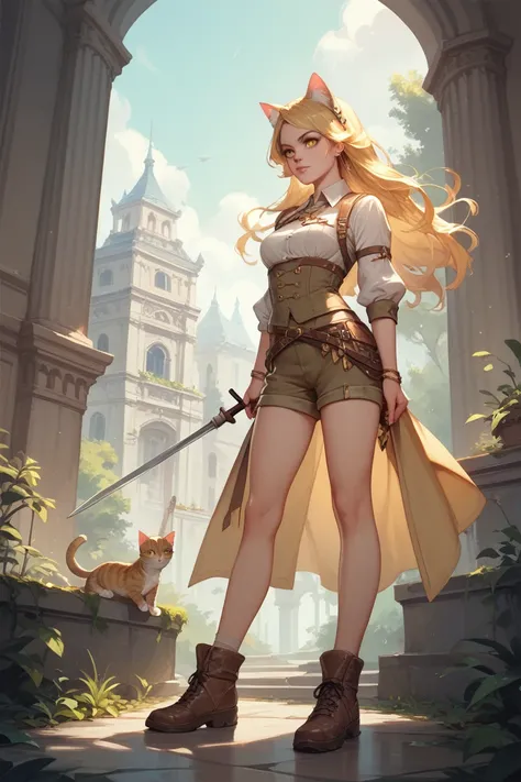  A girl with yellow eyes , long soft yellow hair ,  shoes with two cat ears .  Archer with a quiver of arrows behind her back