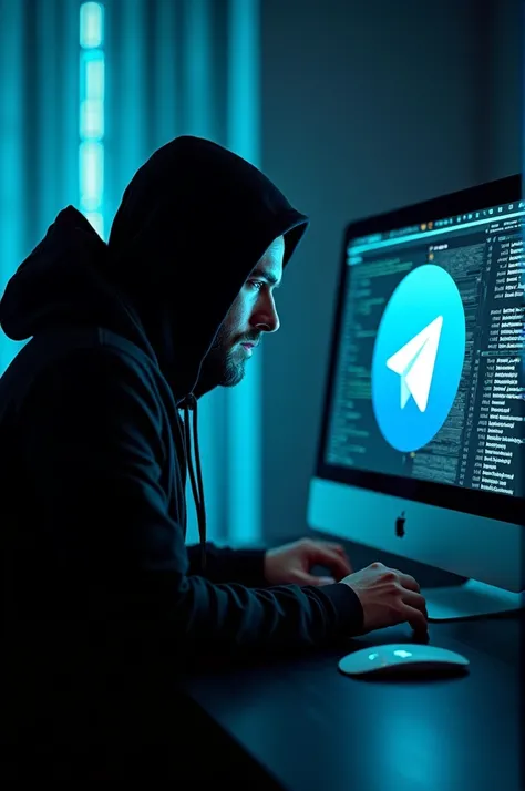 A cyber hacker around of it black and his computer is apple and he hack a telegram in computer screen 