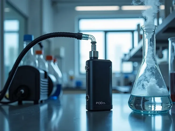 A vacuum pump on the left, with the outlet hose extended to an electronic smoking device (POD) in the middle with another hose connected to its top and into a Erlenmeyer flask on the right, with vapor forming inside the sealed flask. A modern laboratory wi...