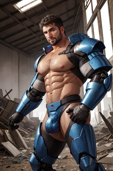  A bearded argentinan man wearing a high-tech futuristic mecha suit, reflective metal,  standing in an abandoned dilapidated warehouse ,  intricate mechanical armor, barechested, big pectorals, perfect abs, balanced anatomy, handsome, Big crotch, vacation,...