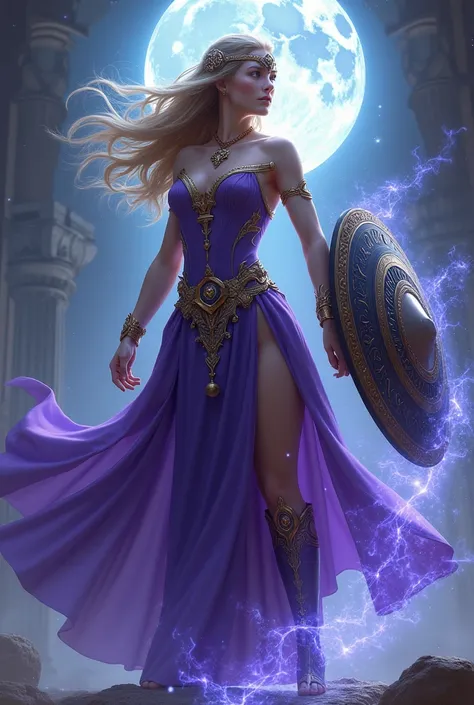  An adult girl holding a shield,  using moon magic , purple costume , long hair,  Greek mythology style  