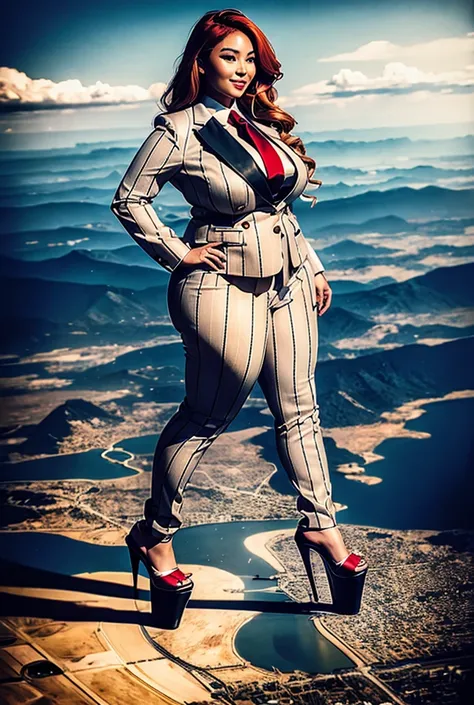 10 miles tall curvy asian woman with a beautiful smile, bigger than a giant city, curvaceous figure, natural breast, and long wavy bright red hair with blonde highlights, with a curvaceous figure and massive breasts. wearing the finest light grey pinstripe...