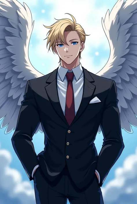 handsome adult man, Blonde hair combed back, blue eyes , stocky body, black suit dress with white wings,  anime style