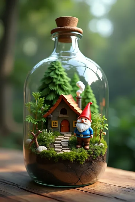 Big bottle shaped terraium, on a wooden table, small forest inside, little house, smoke coming out of chimney, little gnome, red hat, blue shirt, brown pants, High Resolution, Depth Of Field, Masterpiece, Accurate, Best Quality, Award Winning, High Details...